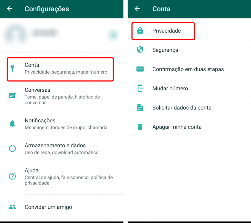 Configurações de privacidade no Whatsapp