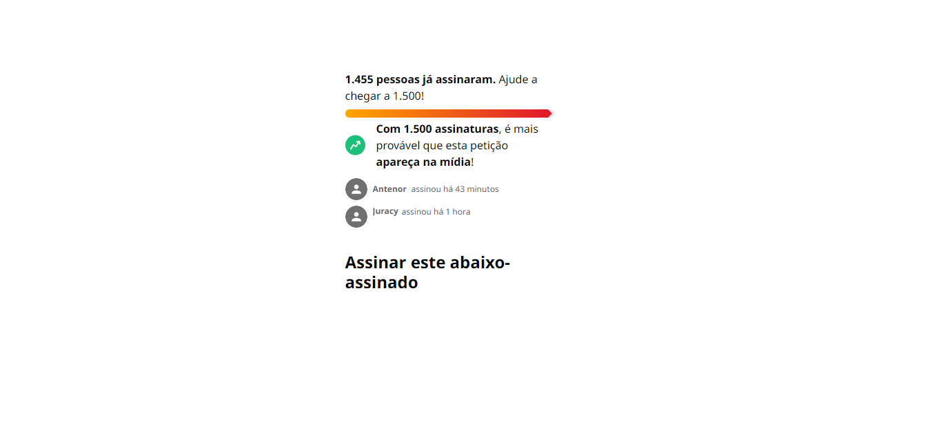 Tela de plataforma de petição online mostrando quantas pessoas já assinaram