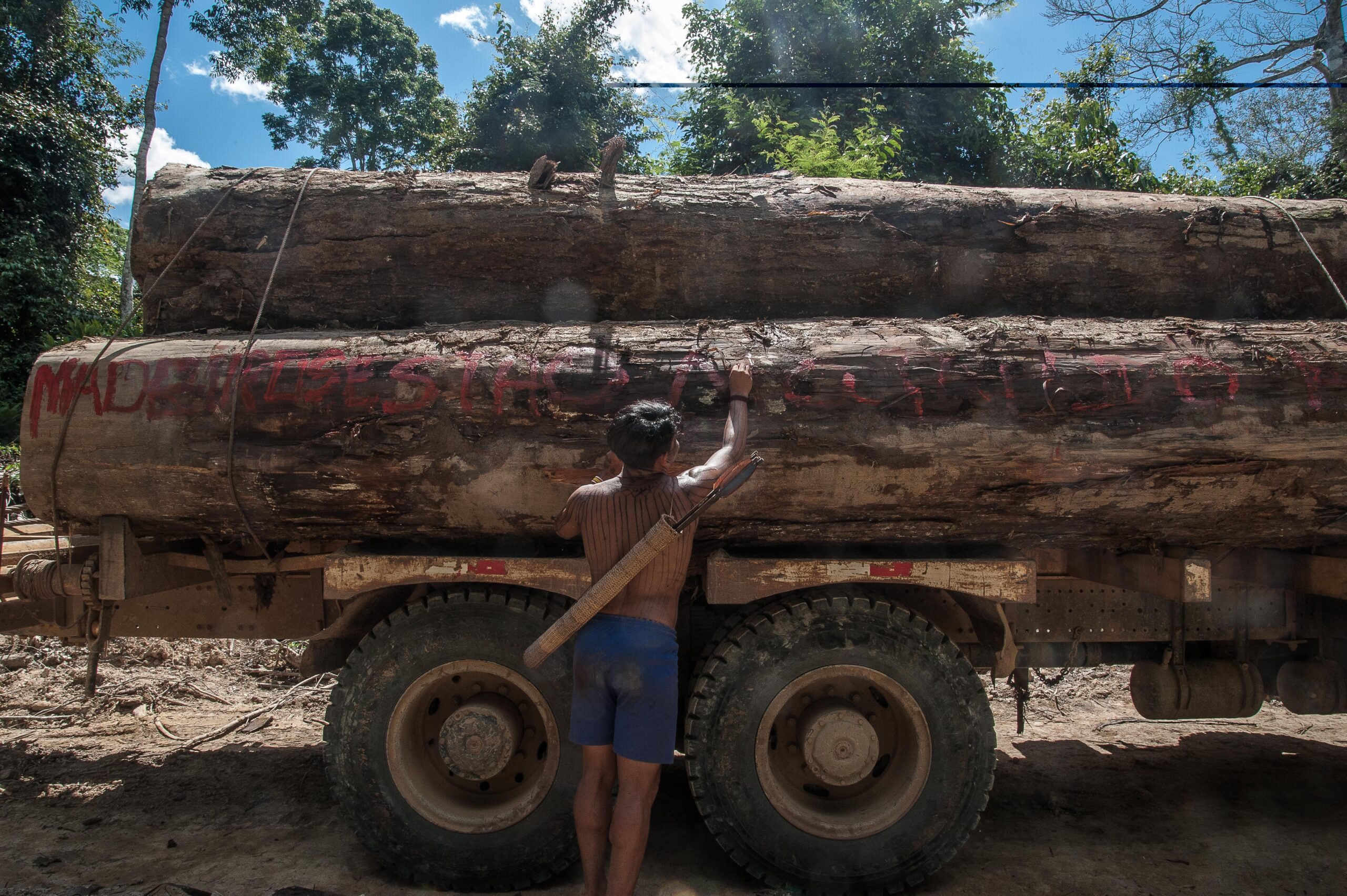 Guerreiro Munduruku escreve "Madeireiros estão roubando o futuro de nossos filhos", em toras de madeira apreendidas de madeireiros que atuavam dentro do território Sawre Muybu.