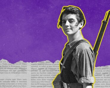 Arte sobre a foto de Marina Ginestà i Coloma, franco-catalã membro da Juventude Socialista Unificada. Foto tirada no último piso do Hotel Colón Barcelona em 21 de julho de 1936, durante a Guerra Civil Espanhola. Créditos: Juan Guzmán (Hans Gutmann).